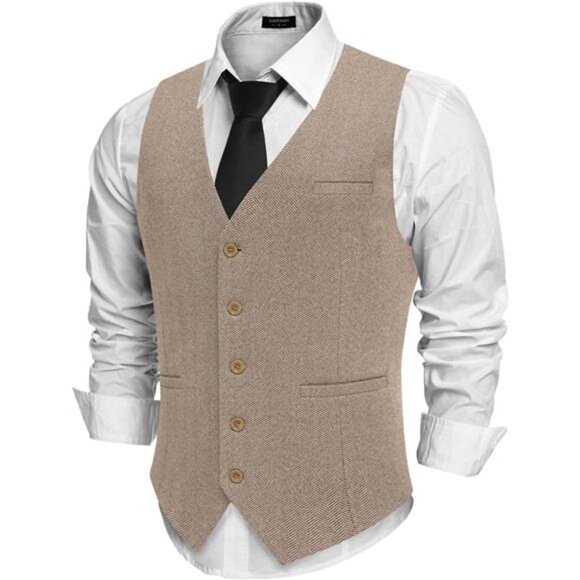 Men's Tweed Suit Vests Slim Fit Waistcoat Khaki - Picture 1 of 6